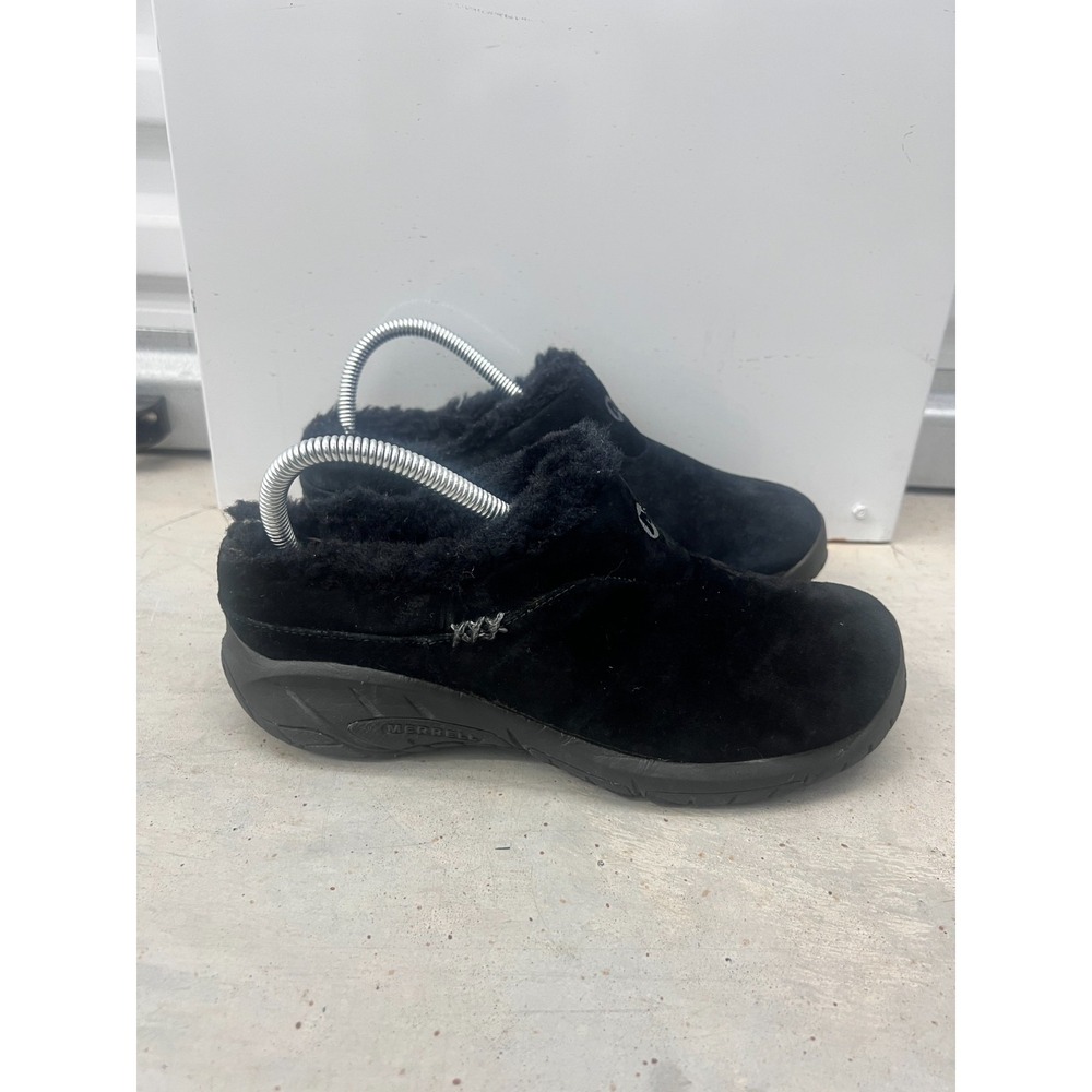 Merrell Encore Ice Clog Women Black Suede Faux Fur Lined Slip On Comfort Shoes 8